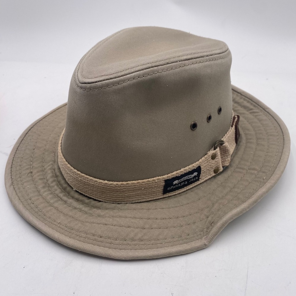 Panama Jack Original Safari Sun Hat Mens Medium Khaki Cotton Canvas Fedora Wide